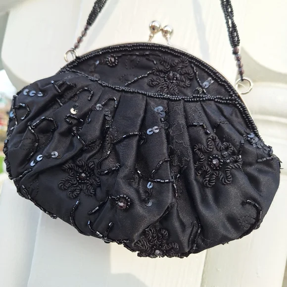 Beaded Mini Bag Black Sequin Kisslock Le Regale Classic Vintage Satin Purse - Picture 10 of 15